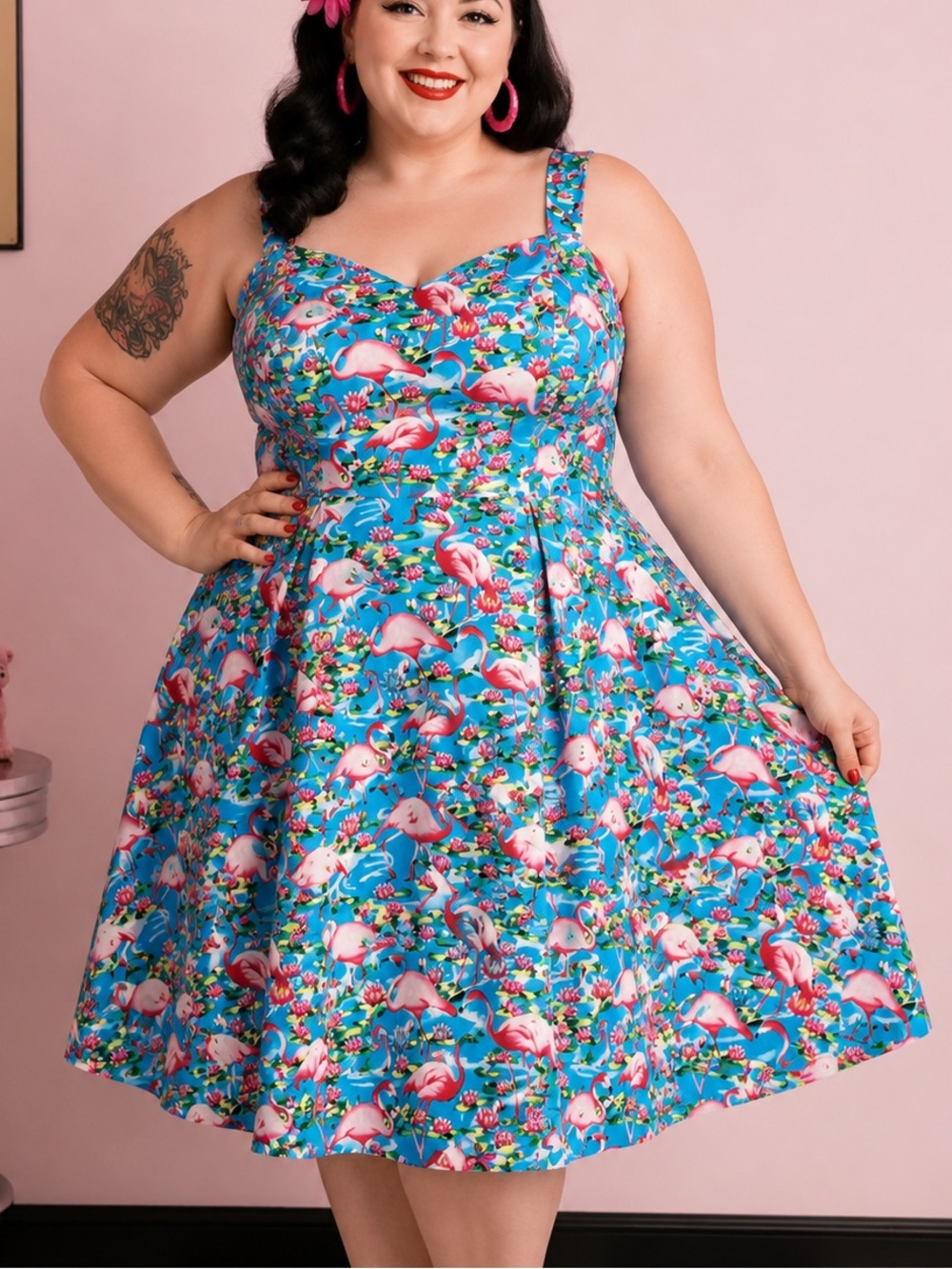 Hearts & Roses Flamingo Print Fit & Flare Dress Blue Pink Cotton Blend Size 16